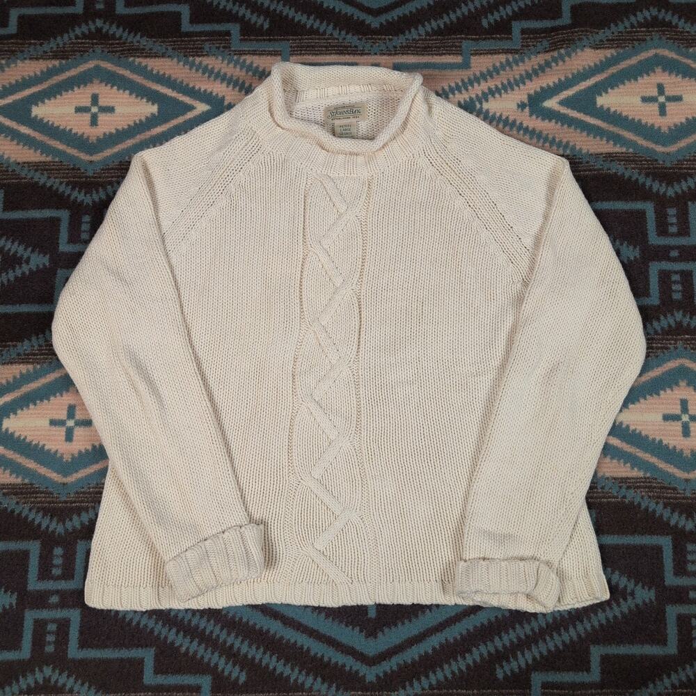 St Johns Bay Womens Cable Knit Sweater Beige Rolled Neck Pullover Petite Medium